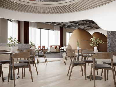 Modern Lounge Area With Wooden Tables Chairs Potted Plants Large Windows Curved Ceiling Warm Tones 3d model
