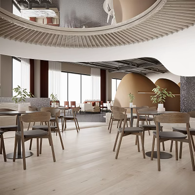 Modern Lounge Area With Wooden Tables Chairs Potted Plants Large Windows Curved Ceiling Warm Tones 3d model