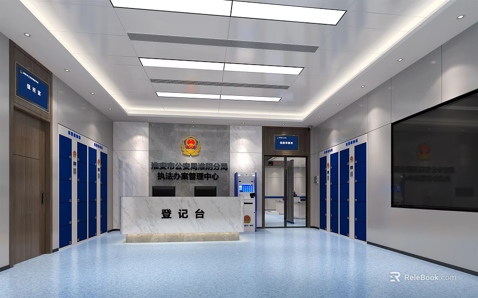 Modern Service Hall Interior Featuring Registration Desk Blue Lockers And Ceiling Lights 3d model 