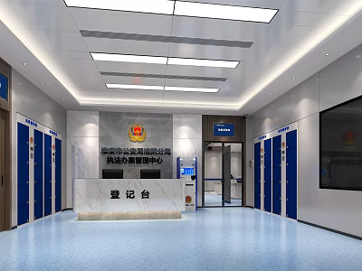 Modern Service Hall Interior Featuring Registration Desk Blue Lockers And Ceiling Lights 3d model