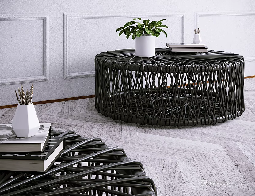 Black Woven Round Coffee Table With Green Plant And Books In Modern Interior 3d model 