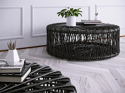 Black Woven Round Coffee Table With Green Plant And Books In Modern Interior 3d model
