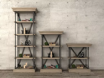 Multi Tiered Wood Metal Storage Console Side Cabinet With Decorative Books And Green Plants 3d model
