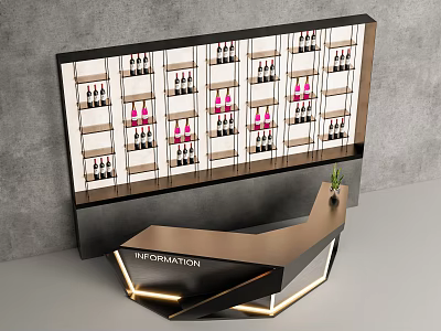 Modern Bar Counter With Wine Rack Multiple Wine Bottles Information Sign And Potted Plant 3d model