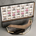 Modern Bar Counter With Wine Rack Multiple Wine Bottles Information Sign And Potted Plant