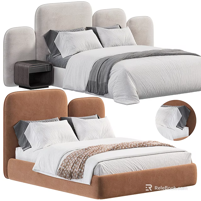 Double Bed With Brown Velvet And Light Gray Headboard White Bedding Gray Blanket And Pillows 3d model 