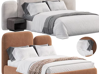Double Bed With Brown Velvet And Light Gray Headboard White Bedding Gray Blanket And Pillows 3d model