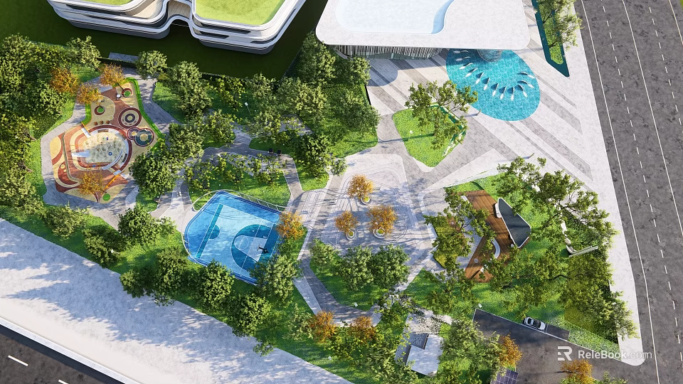 Modern Commercial Landscape Design With Green Spaces Water Features Trees And Recreational Pathways 3d model 