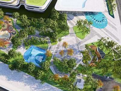 Modern Commercial Landscape Design With Green Spaces Water Features Trees And Recreational Pathways 3d model