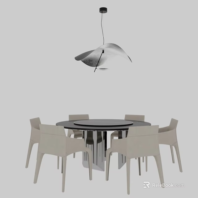 Modern Light Colored Dining Chairs With Round Table And Pendant Light In Light Gray Background 3d model