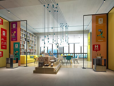 Modern Open Office Pantry Interior With Colorful Walls Bookshelves And Pendant Lights 3d model