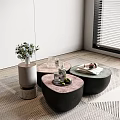Modern Minimalist Living Room With Three Round Coffee Tables Vase Flowers Magazine And Rug