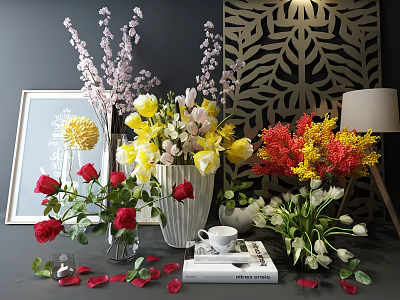 Red Roses Yellow Tulips And Cherry Blossoms In Decorative Vases For Interior 3d model