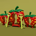 Strawberry Shaped Play Structures With Red Heart Patterns Green Leaves And Yellow Keys 3d model