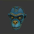 Ornate Blue Monkey Mask With Vibrant Orange Details And Shiny Gold Accents
