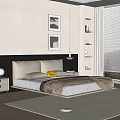 Double Bed With Black Headboard Beige Pillows Brown Blanket Nightstand Wall Art And Window Blinds