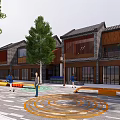 Traditional Modern Commercial Street With Wooden Structure Brick Walls Balconies And Open Square