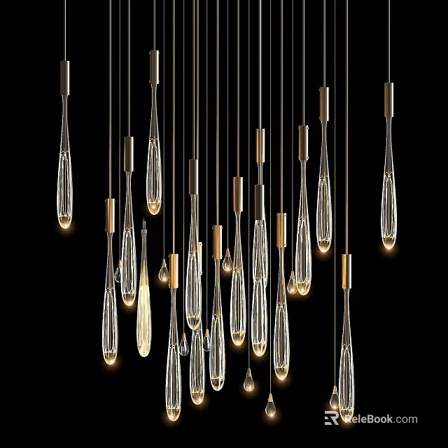 Modern Hanging Chandelier With Slim Transparent Water Drop Shaped Glass And Brass Accents 3d model 