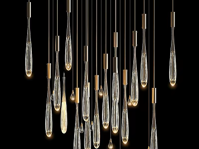 Modern Hanging Chandelier With Slim Transparent Water Drop Shaped Glass And Brass Accents 3d model