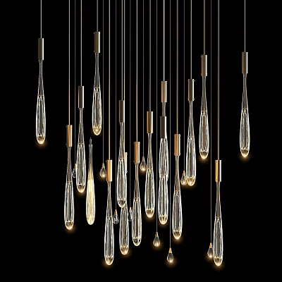 Modern Hanging Chandelier With Slim Transparent Water Drop Shaped Glass And Brass Accents 3d model