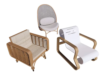 Modern Accent Chairs Featuring Rattan Wooden Frames And Upholstered Seats For Contemporary Living Areas 3d model