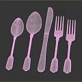 Five Piece Minimalist Silver Tableware Set with Patterned Handles on Black Reflective Background