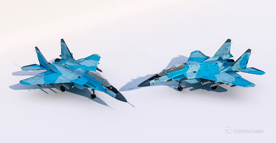Two Blue Camouflaged Fighter Jets Parked Side by Side on White Surface 3d model