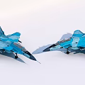 Two Blue Camouflaged Fighter Jets Parked Side by Side on White Surface 3d model