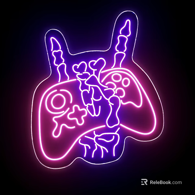 Neon Light Box With Game Controller Shape Skeleton Pattern Purple Pink Glow On Black Background 3d model