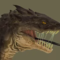 Detailed Reptile Head With Yellow Eyes Open Mouth Sharp Teeth Long Tongue And Scaly Skin
