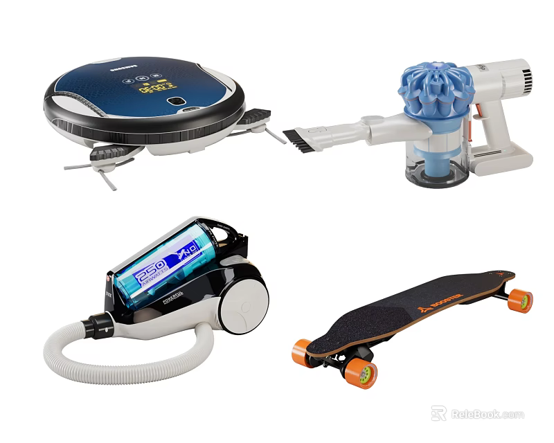 Essential Modern Daily Household Appliances Robotic Vacuum Cleaner Hair Dryer Vacuum And Electric Skateboard 3d model 