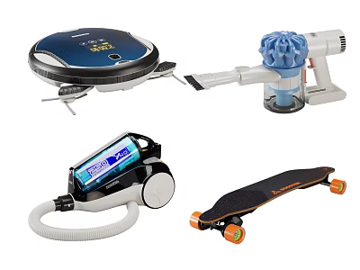 Essential Modern Daily Household Appliances Robotic Vacuum Cleaner Hair Dryer Vacuum And Electric Skateboard 3d model