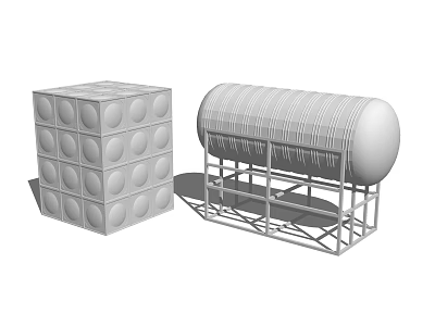 Industrial Equipment Cube Tank With Circular Patterns And Cylindrical Tank On Support Frame 3d model