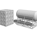 Industrial Equipment Cube Tank With Circular Patterns And Cylindrical Tank On Support Frame