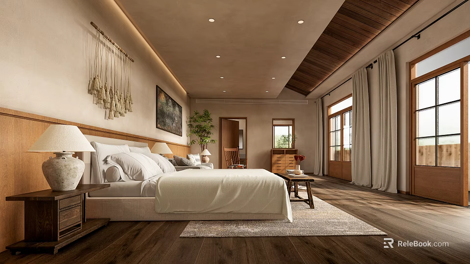 Hotel Room Interior Featuring Comfortable Bed Wooden Ceiling Carpet And Large Windows 3d model