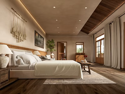 Hotel Room Interior Featuring Comfortable Bed Wooden Ceiling Carpet And Large Windows 3d model