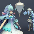 Game Movie Character With Long Blue Twin Braids White Dress Umbrella Blue Decorative Elements