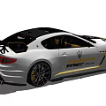White Maserati Sports Car With Black Roof Yellow Stripes And Rear Spoiler