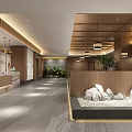 Wooden Reception Area Interior With Marble Counter Display Shelves Chandeliers And Landscape Painting
