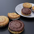 Cream Filled Waffle Sandwiches With Patterned Brown Light Brown Surfaces On Plate And Black Background
