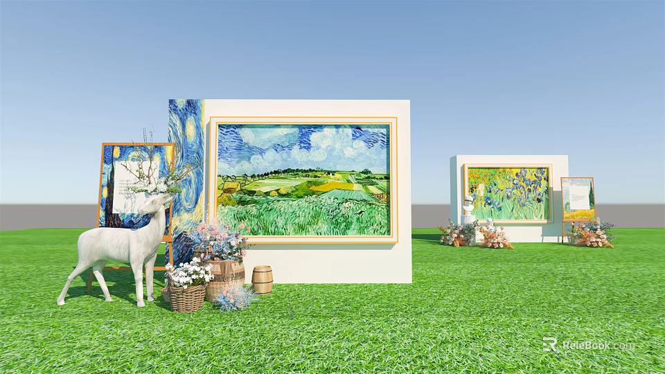 Outdoor Art Exhibition Displaying Van Gogh Paintings With Llama And Grass Field Decorations 3d model 