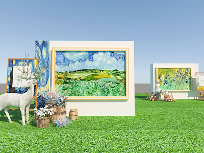 Outdoor Art Exhibition Displaying Van Gogh Paintings With Llama And Grass Field Decorations 3d model