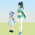 Woman In Green Sportswear Standing With Little Girl In Light Blue Dress On Grassland