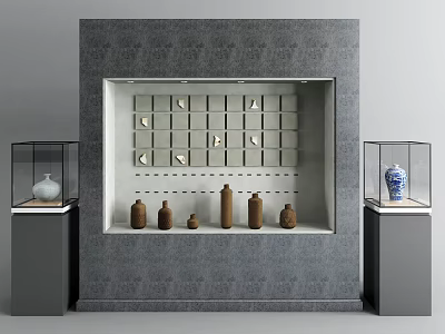 Gray Open Showcase Shelf With Pottery Bottles And Glass Display Cases 3d model