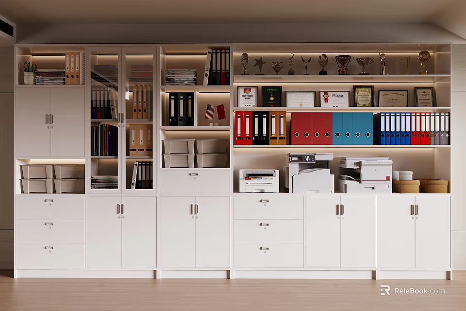 Modern Bookcase Interior With Built in Lighting Trophies Colored Folders And Storage Cabinets 3d model 