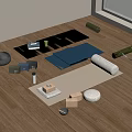 Yoga Practice Accessories Including Mats Blocks Bolster And Meditation Cushion On Wooden Floor