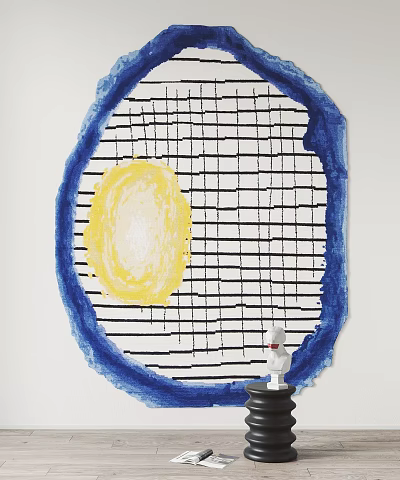 Modern Stylish Patterned Rug Featuring Blue Border Yellow Circle And Black Grid Design 3d model