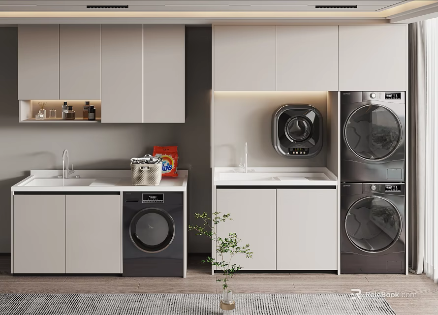 Modern Bathroom Cabinetry With Washing Machine Dryer Sink And White Storage Design 3d model 