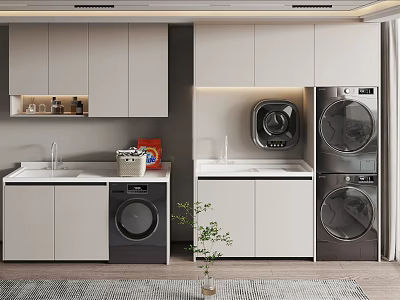 Modern Bathroom Cabinetry With Washing Machine Dryer Sink And White Storage Design 3d model