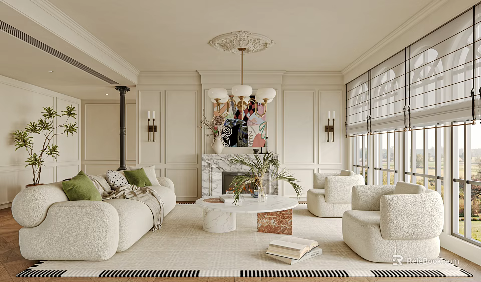 Living Room Interior With White Sofa Green Cushions Marble Coffee Table Fireplace And Large Windows 3d model 